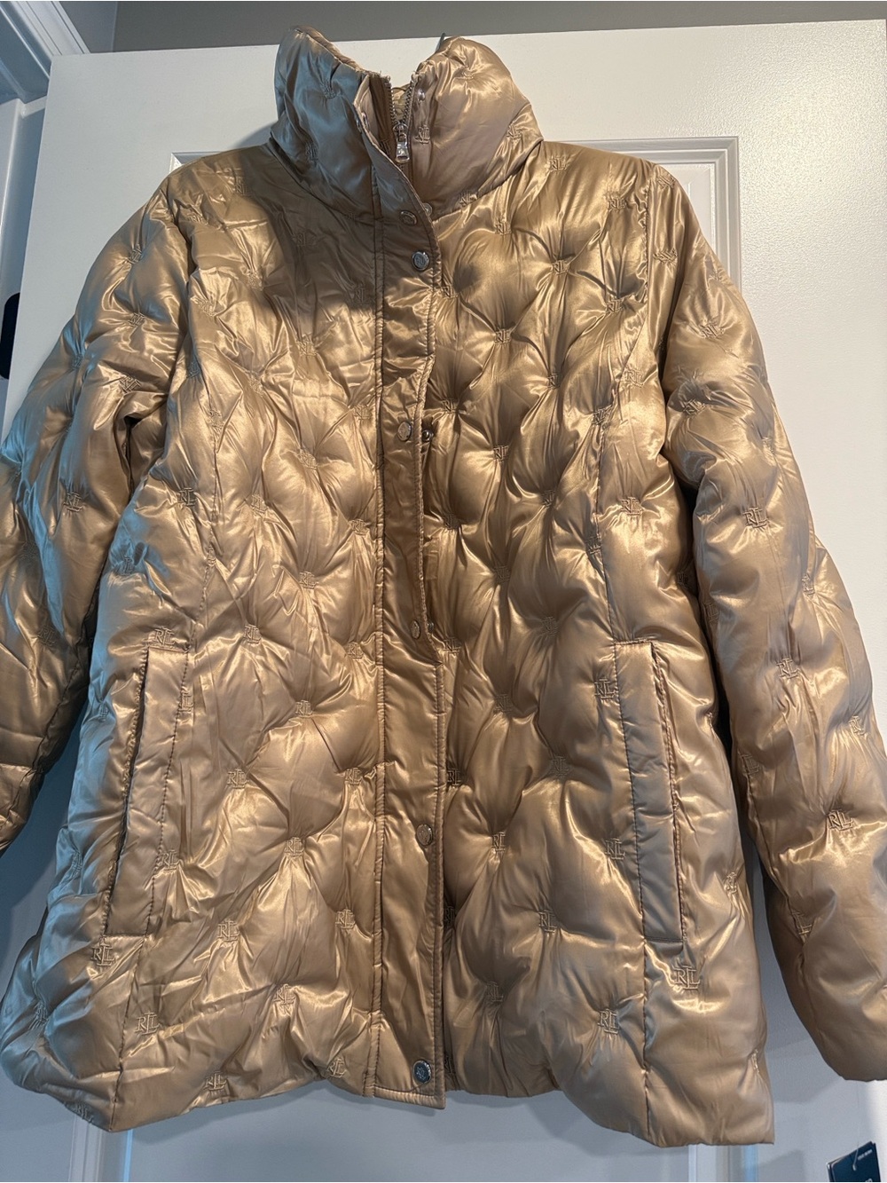 Ralph Lauren Metallic Taupe Shimmer Puffer Coat